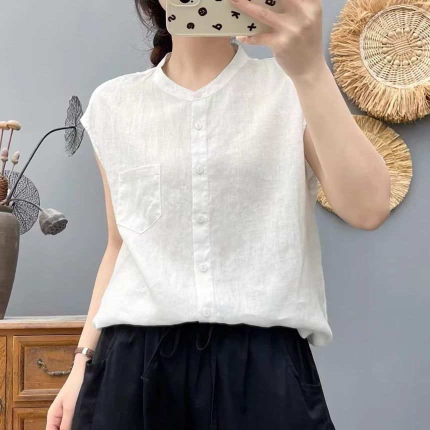 Plain Band-Collar Cap-Sleeved Blouse