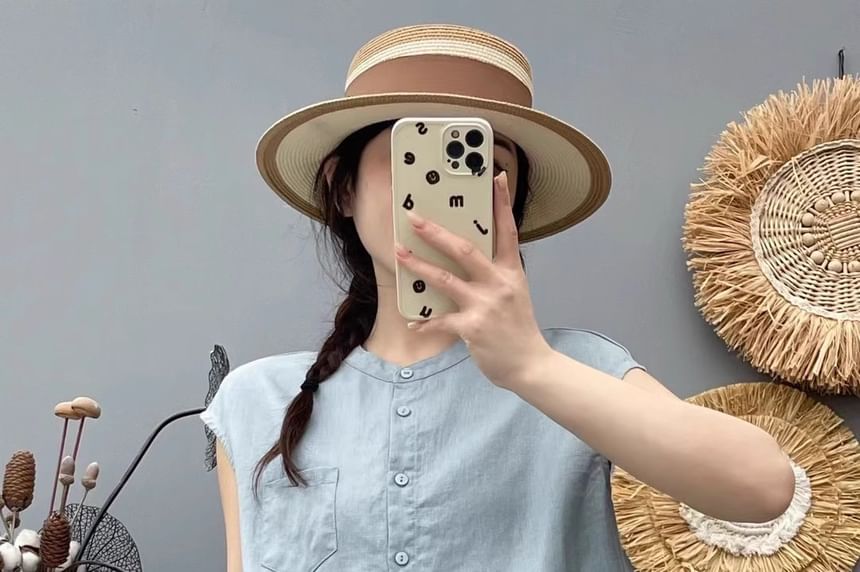Plain Band-Collar Cap-Sleeved Blouse