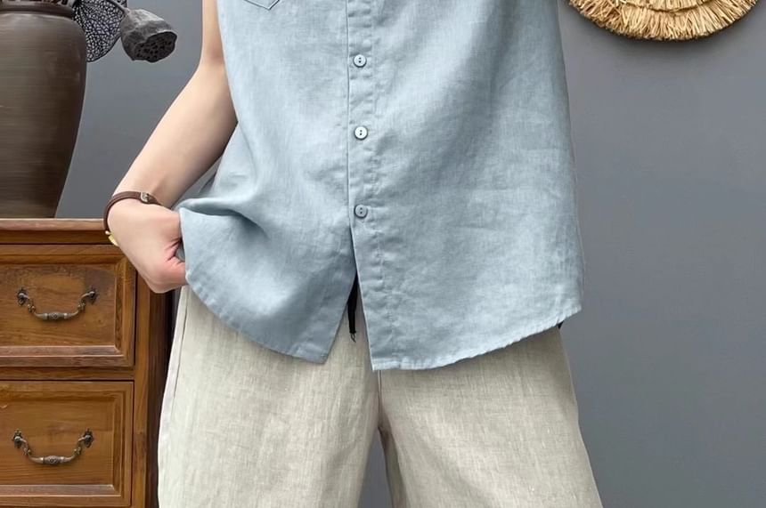 Plain Band-Collar Cap-Sleeved Blouse
