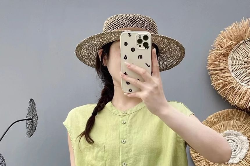 Plain Band-Collar Cap-Sleeved Blouse