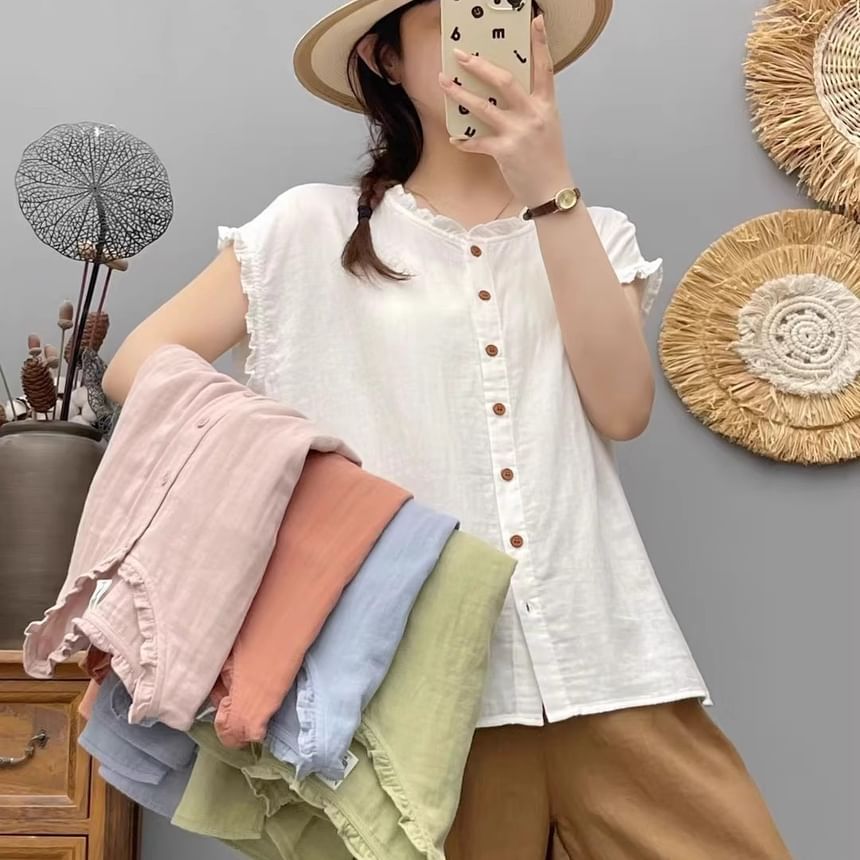 Plain Frilled Round-Neck Cap-Sleeved Blouse