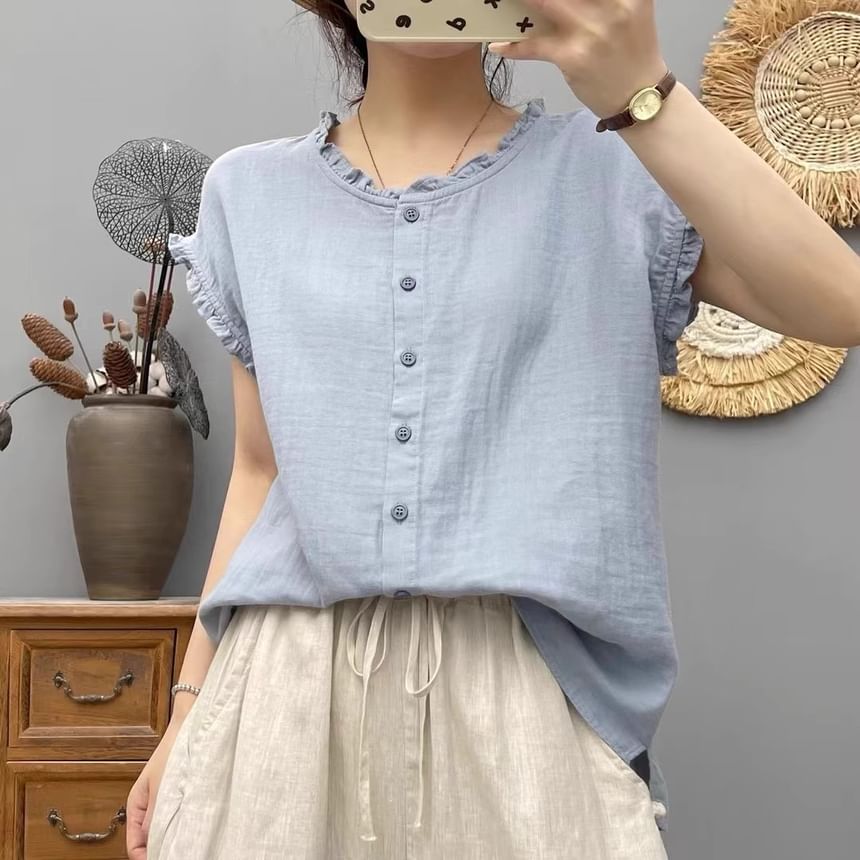 Plain Frilled Round-Neck Cap-Sleeved Blouse