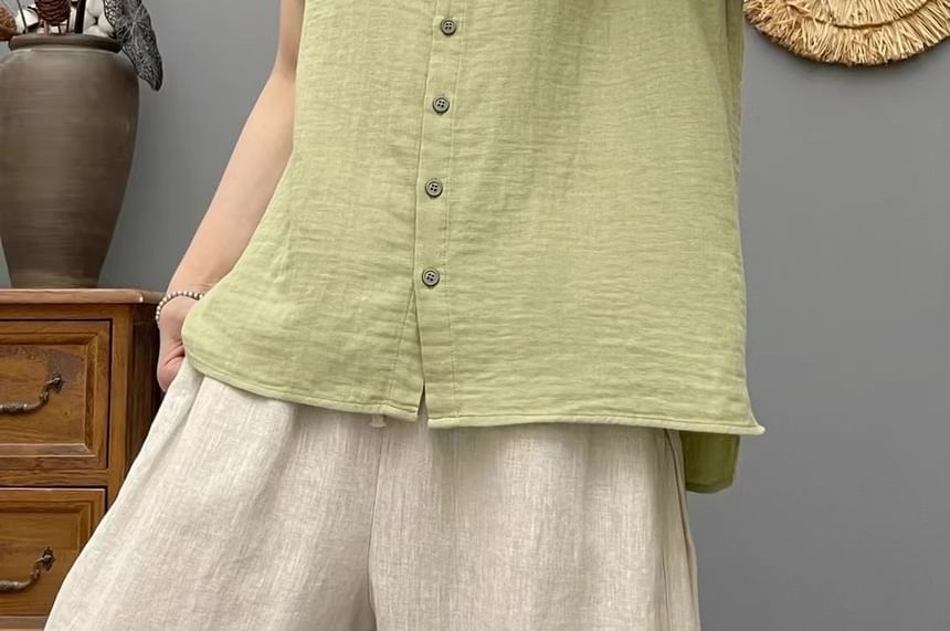 Plain Frilled Round-Neck Cap-Sleeved Blouse