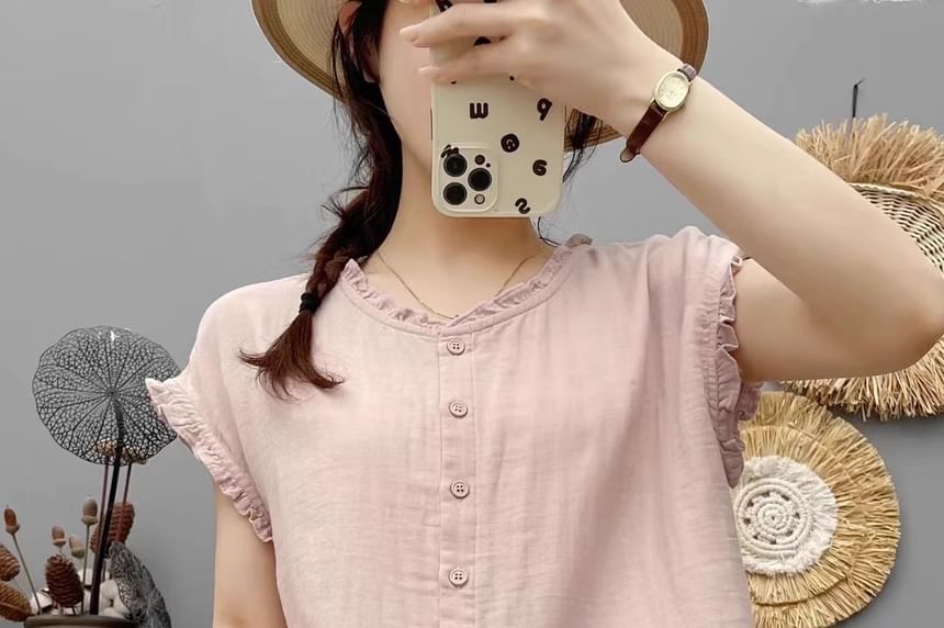 Plain Frilled Round-Neck Cap-Sleeved Blouse
