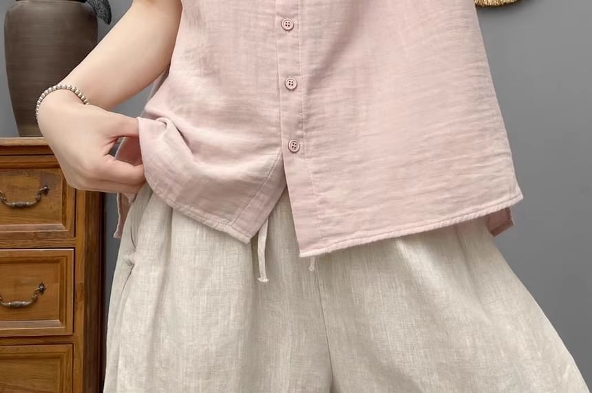 Plain Frilled Round-Neck Cap-Sleeved Blouse