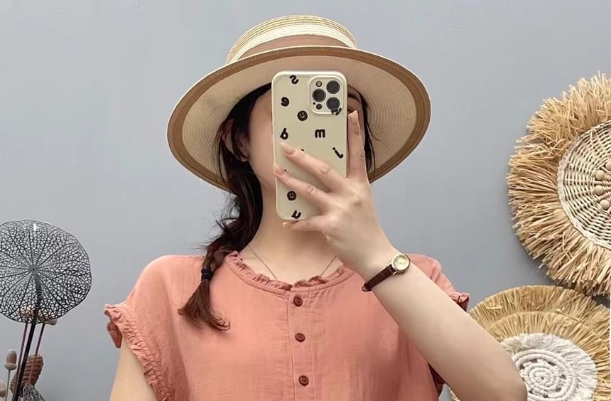 Plain Frilled Round-Neck Cap-Sleeved Blouse