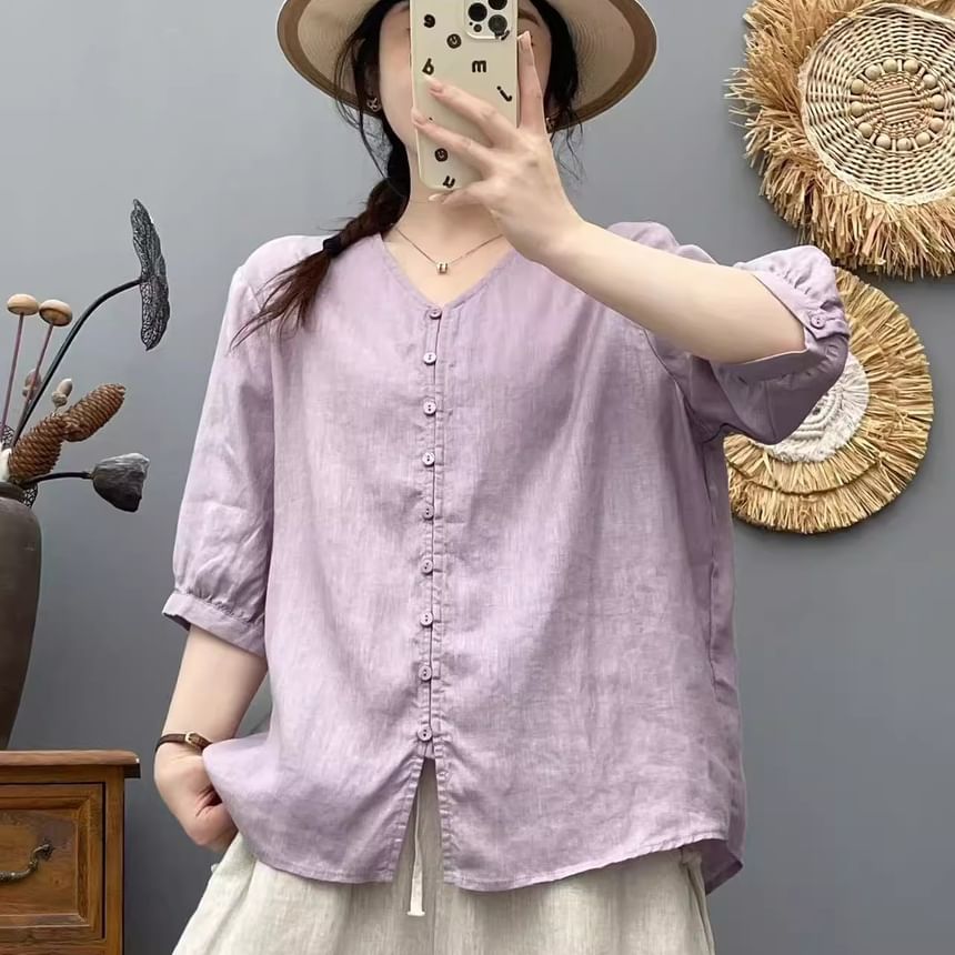 Plain V-Neck Elbow-Sleeved Blouse