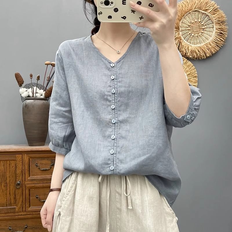 Plain V-Neck Elbow-Sleeved Blouse