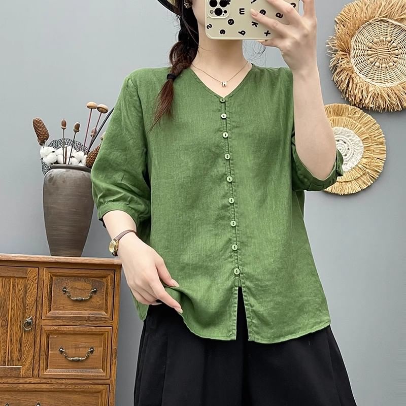 Plain V-Neck Elbow-Sleeved Blouse