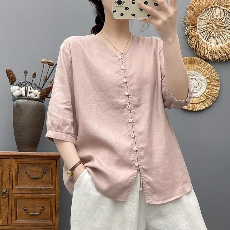 Plain V-Neck Elbow-Sleeved Blouse