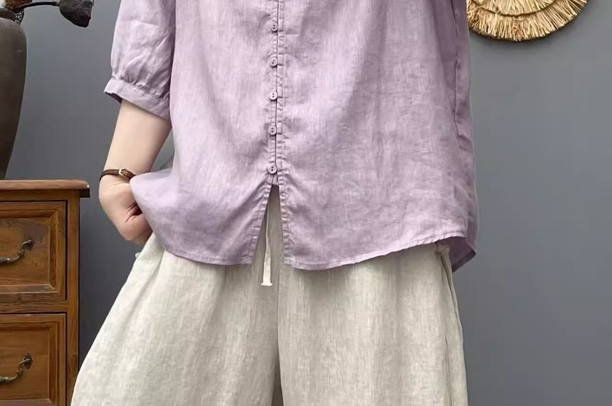 Plain V-Neck Elbow-Sleeved Blouse