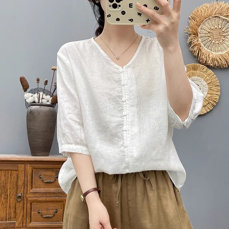 Plain V-Neck Elbow-Sleeved Blouse