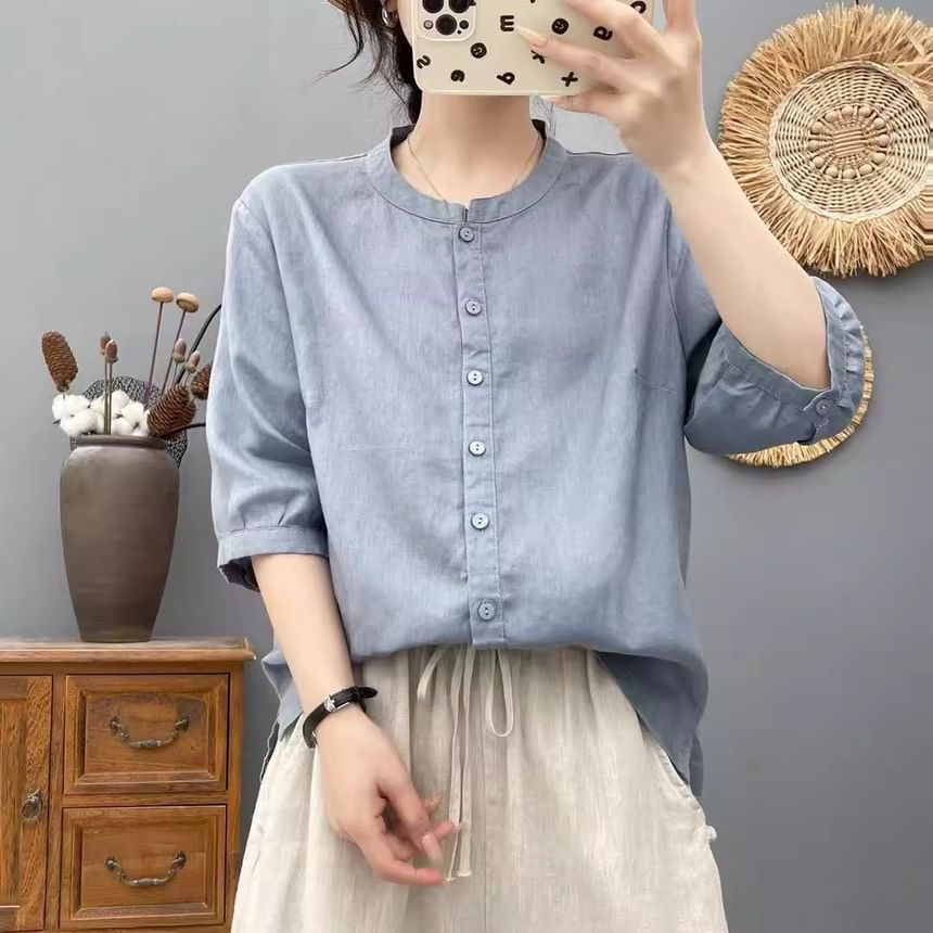 Plain Crew-Neck Elbow-Sleeved Blouse
