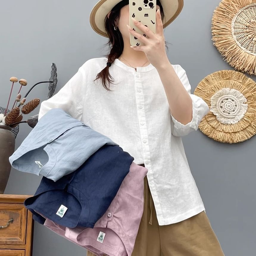 Plain Crew-Neck Elbow-Sleeved Blouse