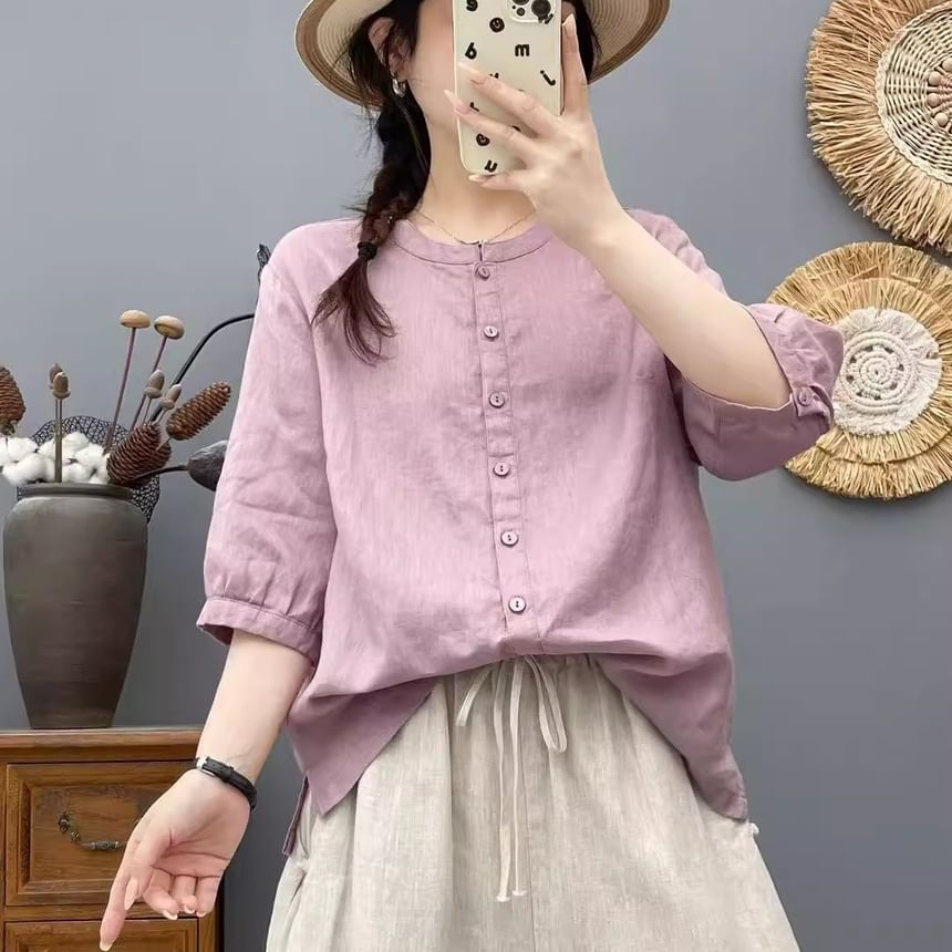 Plain Crew-Neck Elbow-Sleeved Blouse