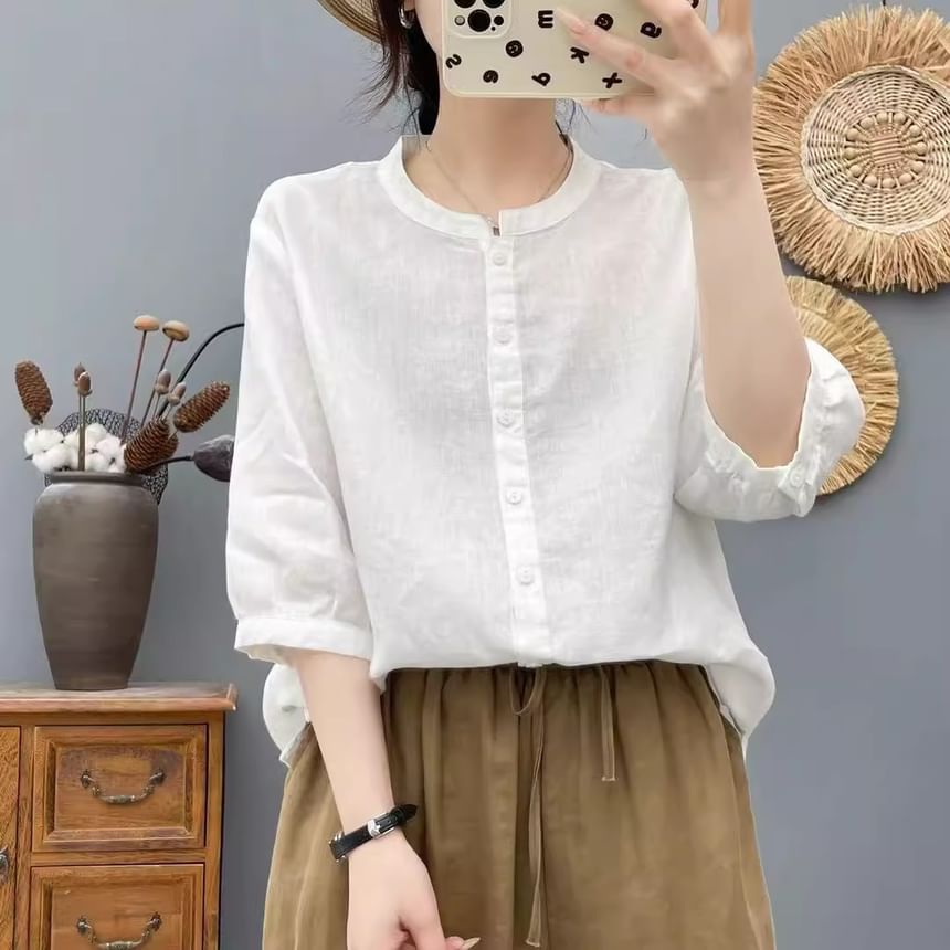 Plain Crew-Neck Elbow-Sleeved Blouse