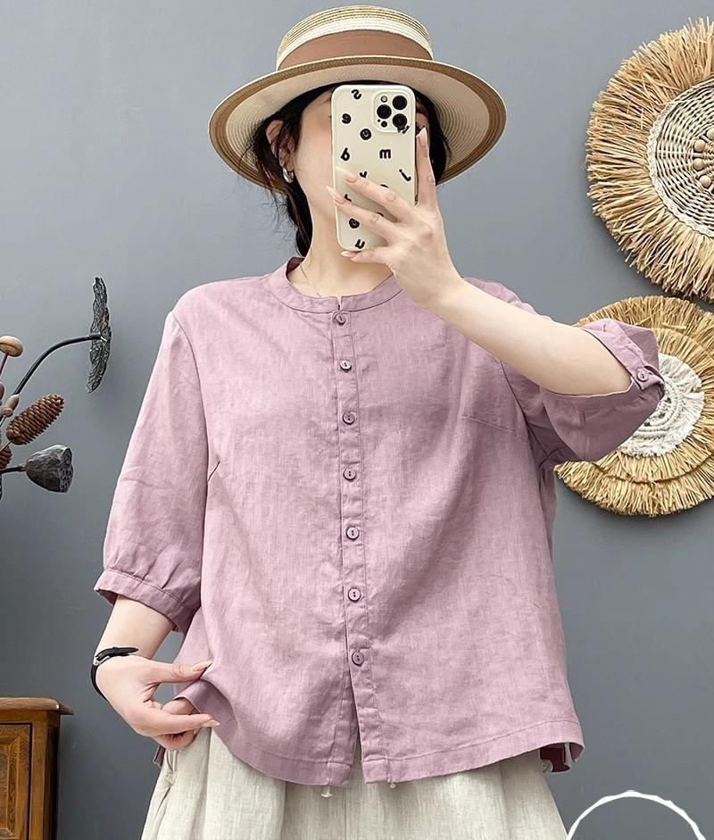 Plain Crew-Neck Elbow-Sleeved Blouse