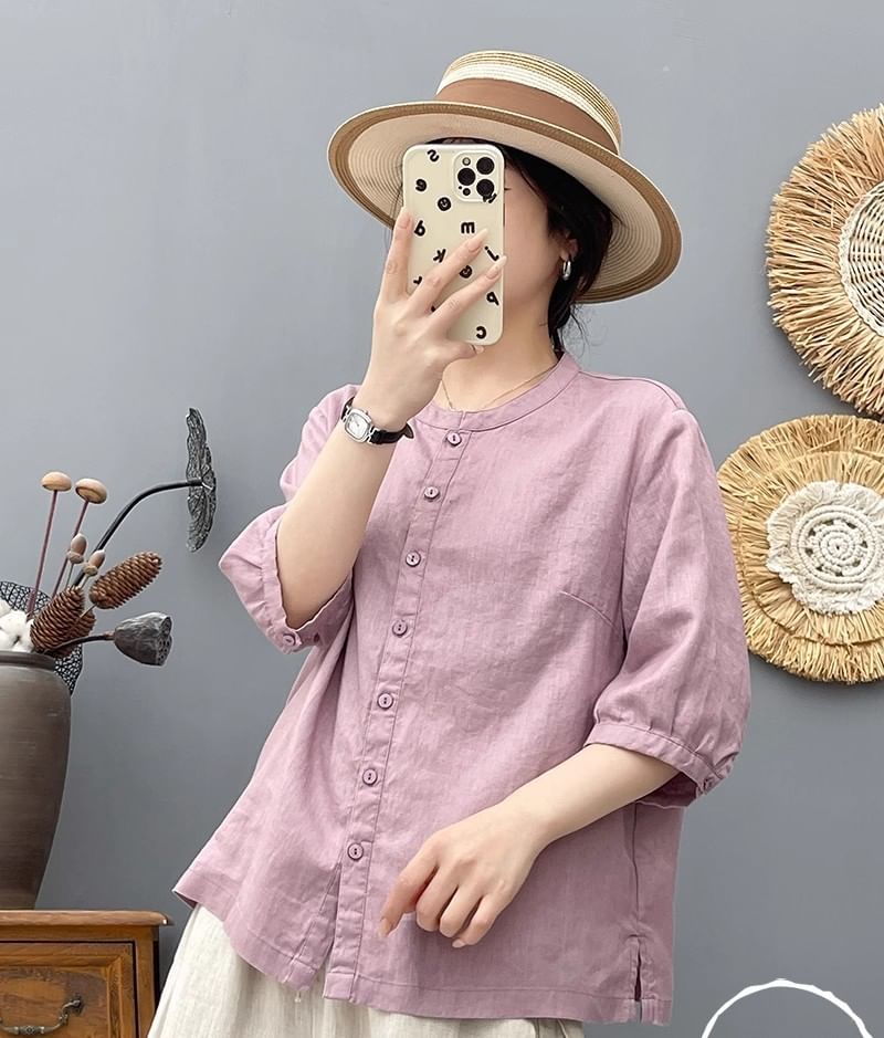 Plain Crew-Neck Elbow-Sleeved Blouse