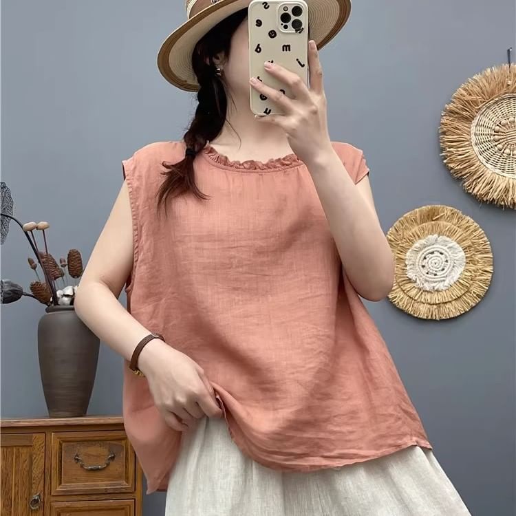 Plain Frilled Crew-Neck Cap-Sleeved Top