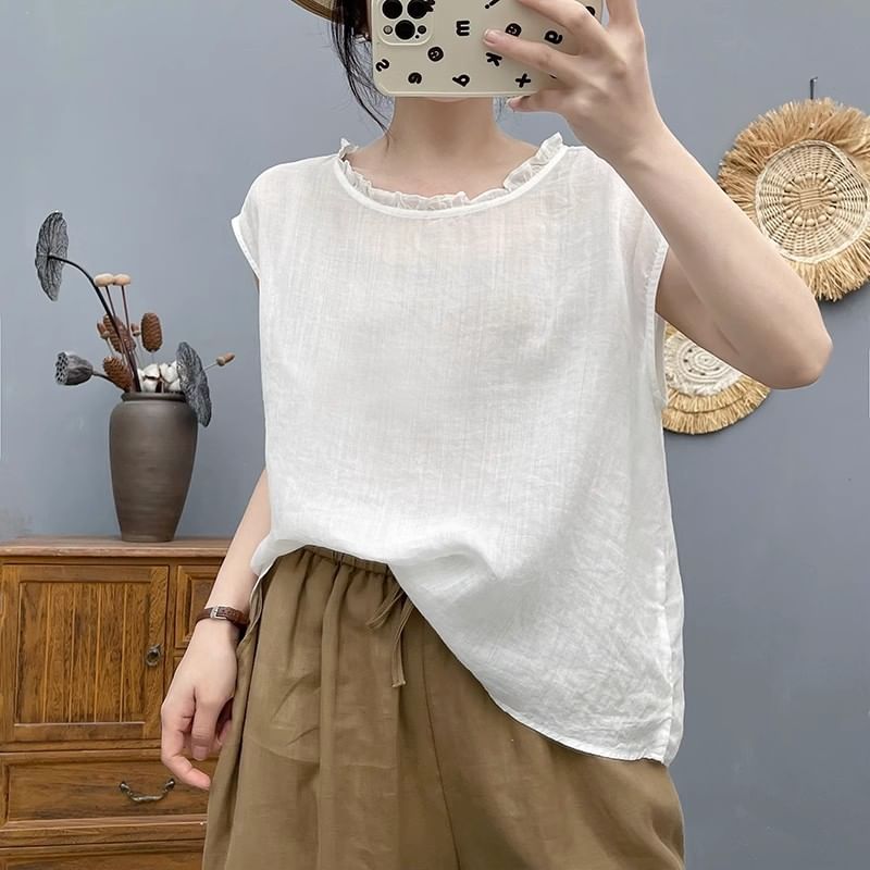 Plain Frilled Crew-Neck Cap-Sleeved Top