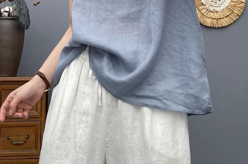 Plain Frilled Crew-Neck Cap-Sleeved Top