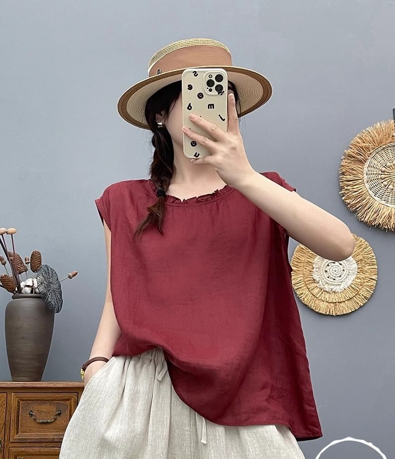 Plain Frilled Crew-Neck Cap-Sleeved Top