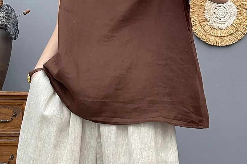 Plain Frilled Crew-Neck Cap-Sleeved Top