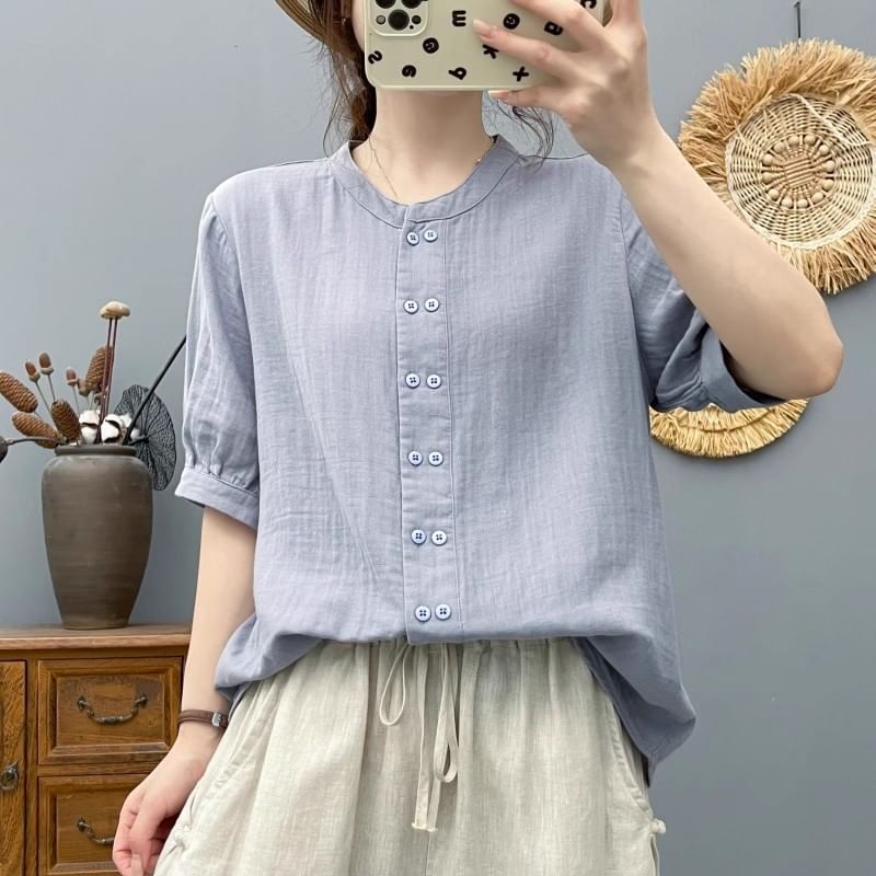 Plain Double-Breasted Round-Neck Elbow-Sleeved Blouse