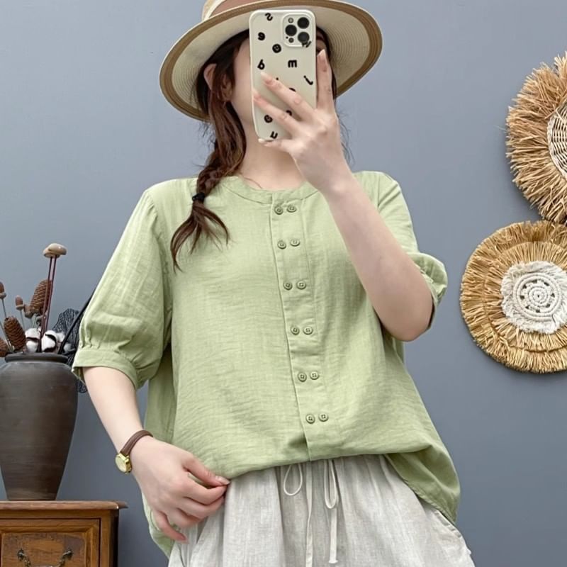 Plain Double-Breasted Round-Neck Elbow-Sleeved Blouse