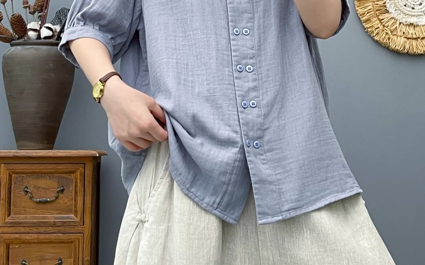 Plain Double-Breasted Round-Neck Elbow-Sleeved Blouse