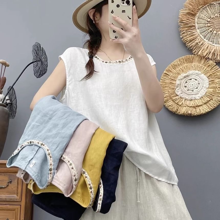 Beaded Round-Neck Cap-Sleeved Top