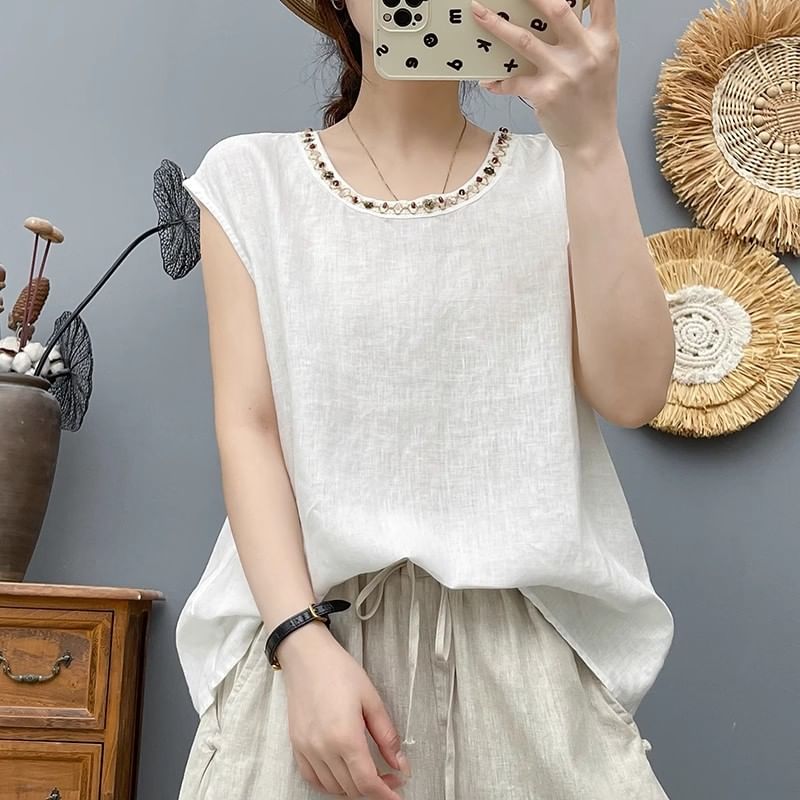 Beaded Round-Neck Cap-Sleeved Top