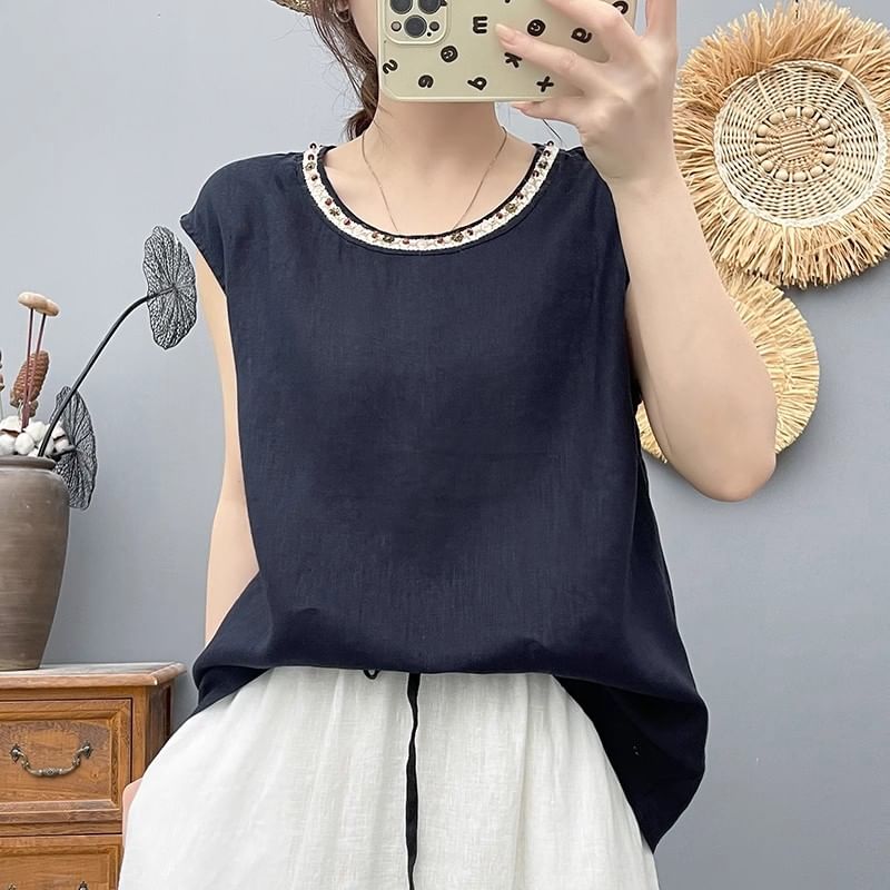 Beaded Round-Neck Cap-Sleeved Top