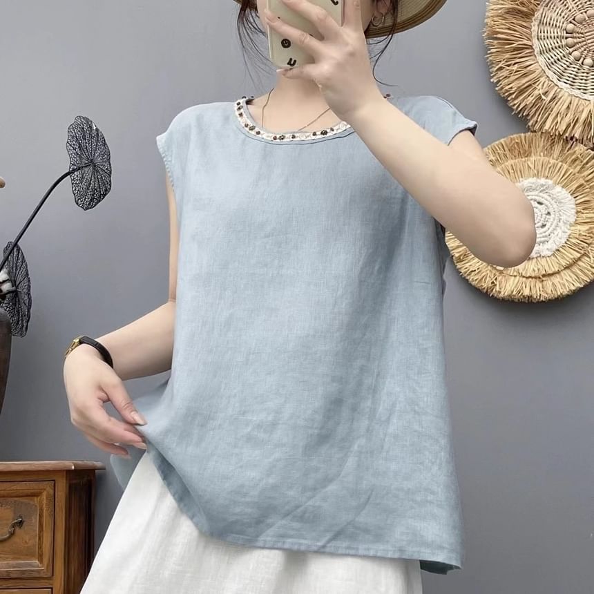 Beaded Round-Neck Cap-Sleeved Top