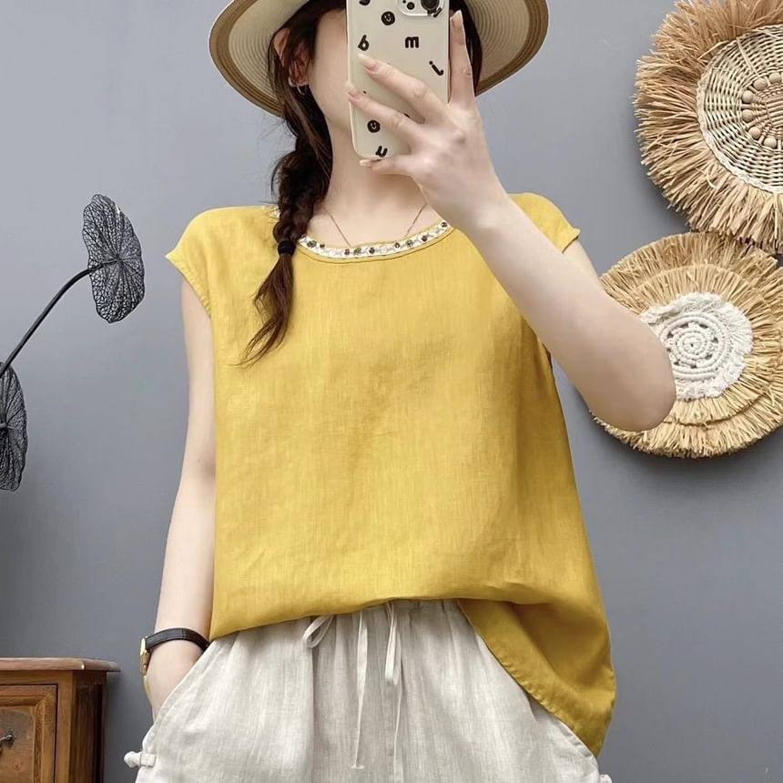 Beaded Round-Neck Cap-Sleeved Top