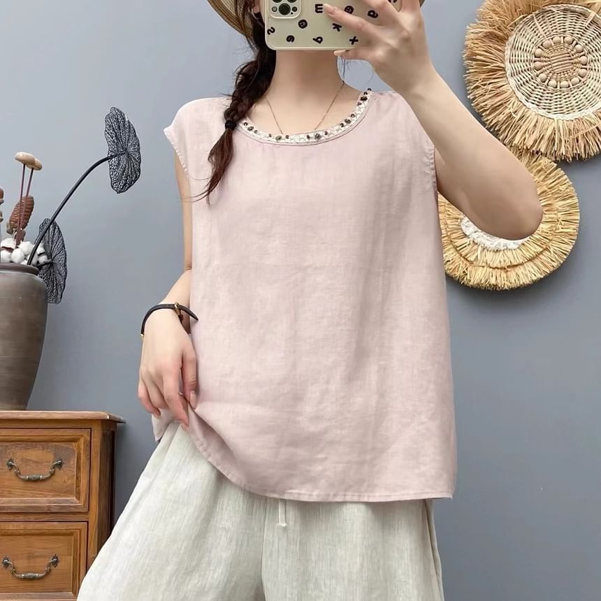 Beaded Round-Neck Cap-Sleeved Top