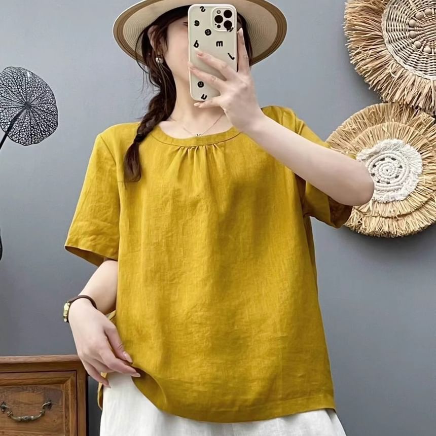 Plain Crew-Neck Short-Sleeved Top