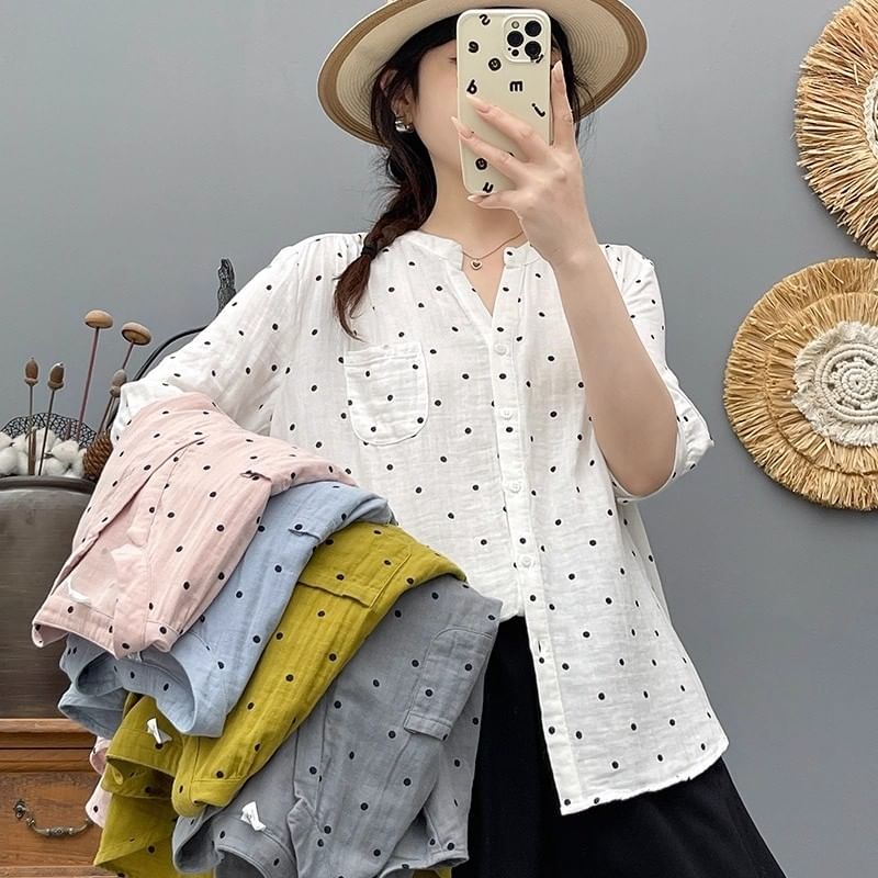 Dotted V-Neck Elbow-Sleeved Blouse