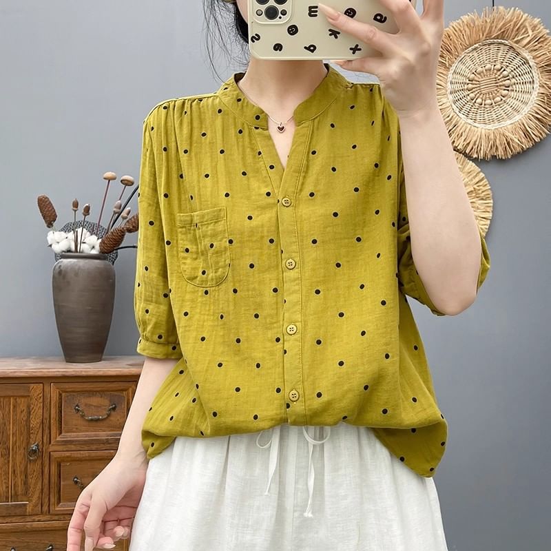 Dotted V-Neck Elbow-Sleeved Blouse