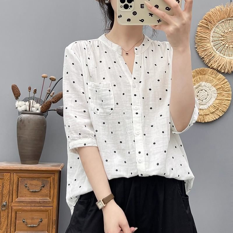 Dotted V-Neck Elbow-Sleeved Blouse