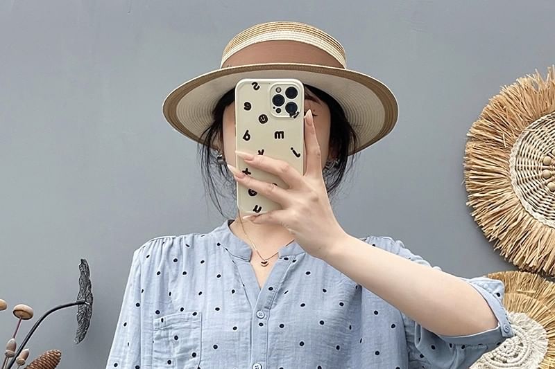 Dotted V-Neck Elbow-Sleeved Blouse