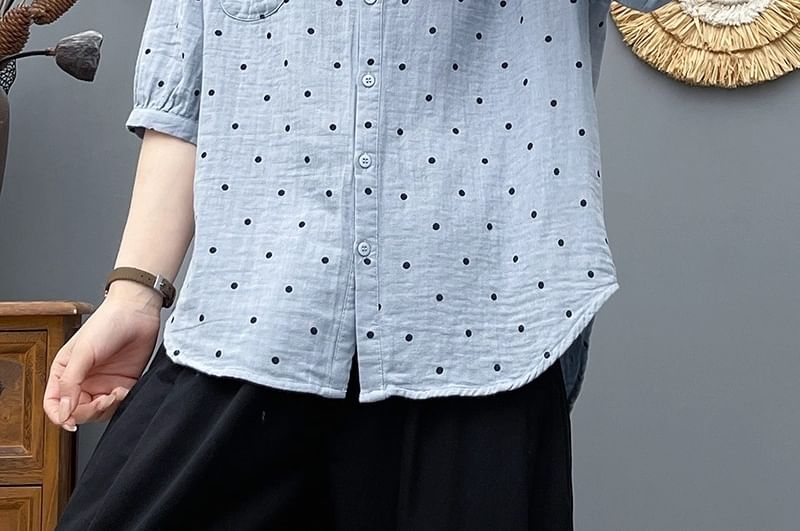 Dotted V-Neck Elbow-Sleeved Blouse