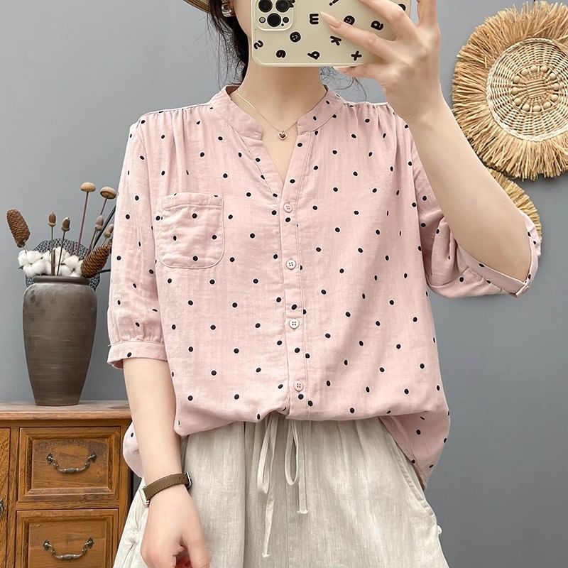 Dotted V-Neck Elbow-Sleeved Blouse