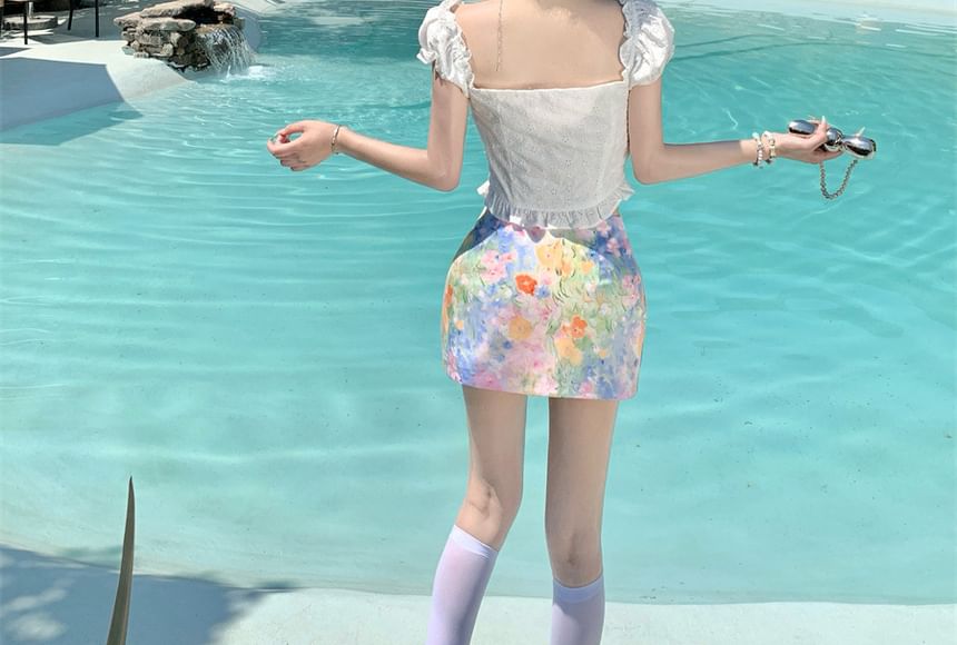 Off-Shoulder Puff-Sleeved Ruffle-Trimmed Slim Cropped Blouse & High-Rise Tie-Dye Mini Skirt