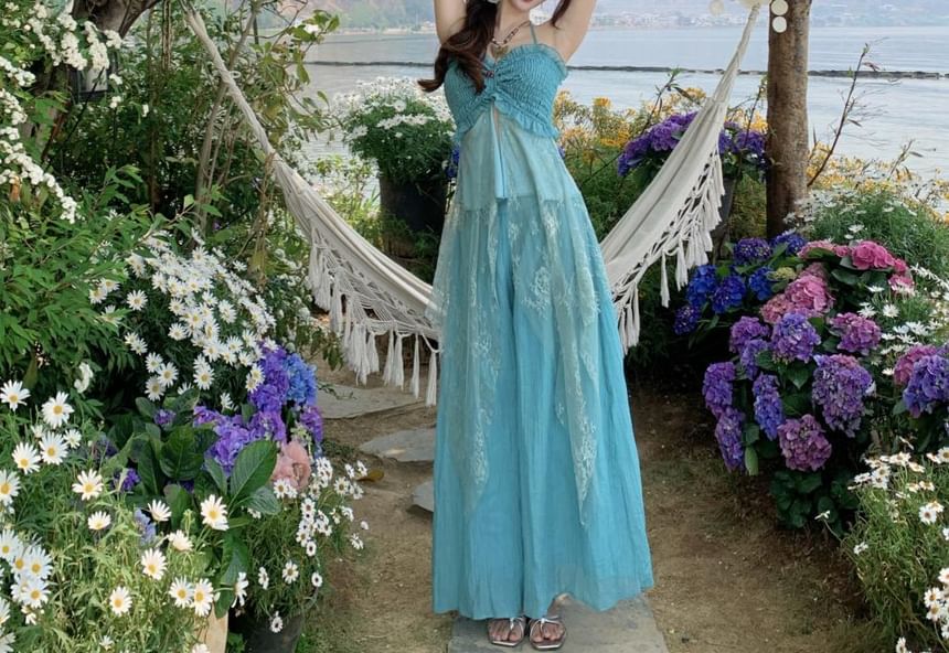 Halter Lace-Paneled Ruffled Asymmetric Slit Cami & High-Waist Wide-Leg Pants Set