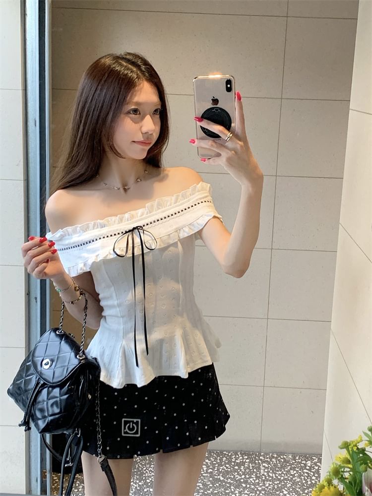 Frill-Trimmed Off-Shoulder Peplum Cropped Top with Dotted Pleated Mini Skirt