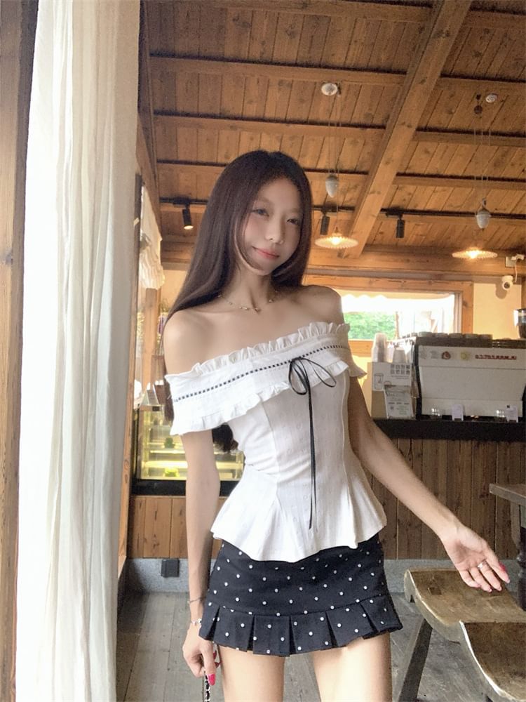 Frill-Trimmed Off-Shoulder Peplum Cropped Top with Dotted Pleated Mini Skirt