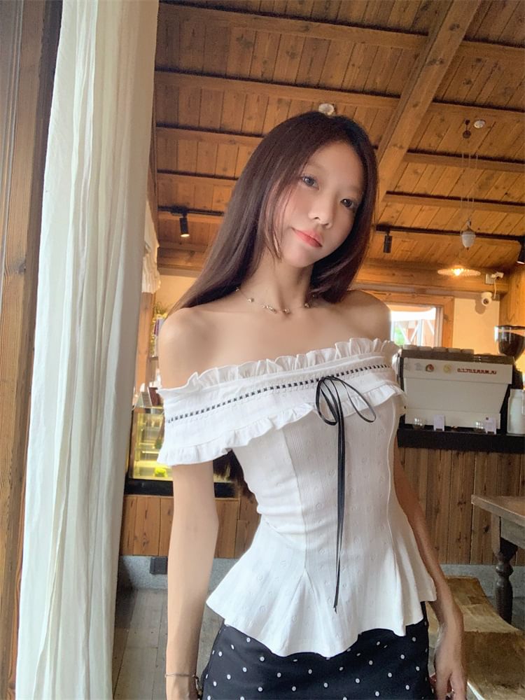 Frill-Trimmed Off-Shoulder Peplum Cropped Top with Dotted Pleated Mini Skirt