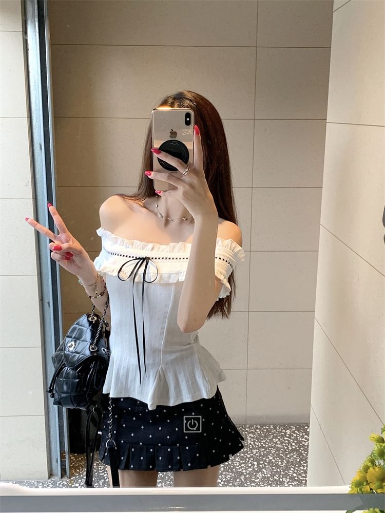 Frill-Trimmed Off-Shoulder Peplum Cropped Top with Dotted Pleated Mini Skirt