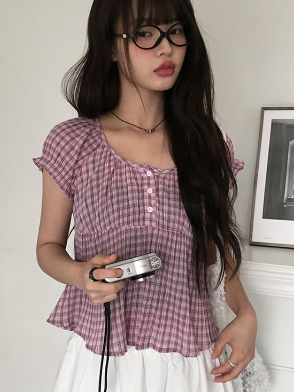 Plaid Peplum Short-Sleeved Blouse